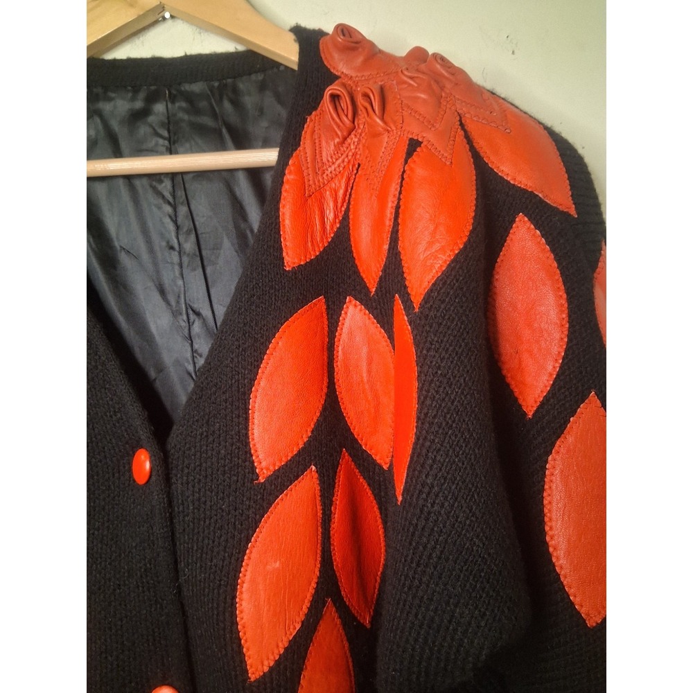 Vintage 80s Sweater Cardigan‎ Red Leather Roses Retro Stranger Things Aesthetic - Picture 4 of 15